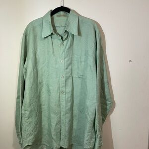 Tommy Bahama Shirt Mens Large Mint Green‎ Long Sleeve leaf imprint linen cotton